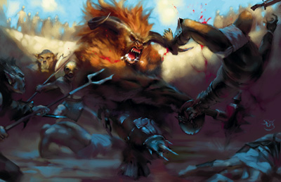 Un Minotaure combat des Orcs dans un match de gladiateurs