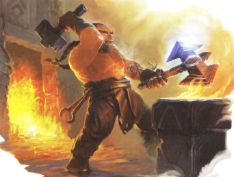 A Nain crafting a magical weapon.