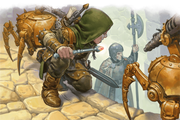 Un artificer avec deux canons eldritch observant un membre de la guarde de la ville de Sharn Un artificer avec deux canons eldritch observant un membre de la guarde de la ville de Sharn