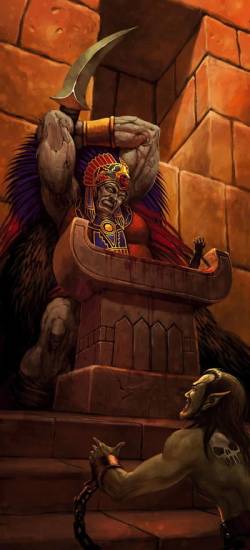 Un géant exécute un rituel arcanique en utilisant du sang d'elfe.