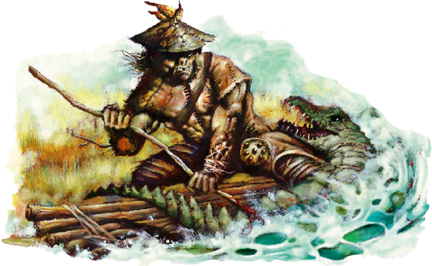 Un demi-orque combat un crocodile avec une arme de fortune