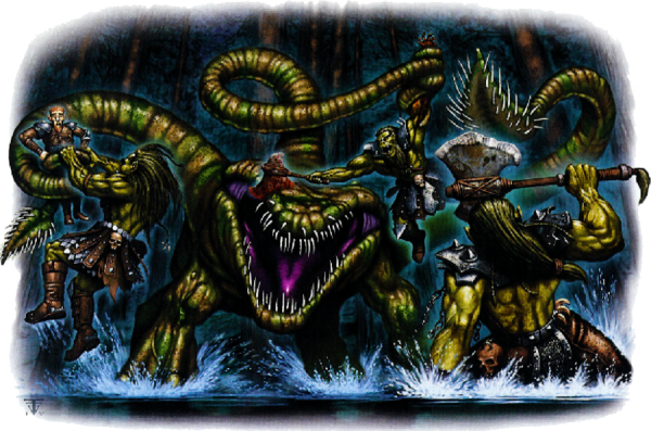 Un trio d'orcs se bat pour sauver un gnome des griffes d'un Otyugh