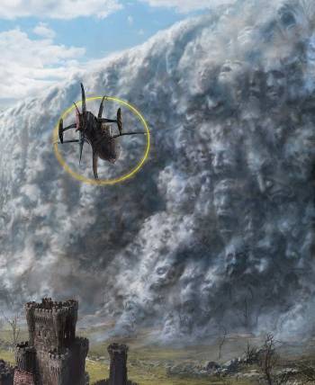 La frontière définis par la Brume Macabre, avec un [[aeronef]] de la [[Maison Lyrandar]] volant vers elle.